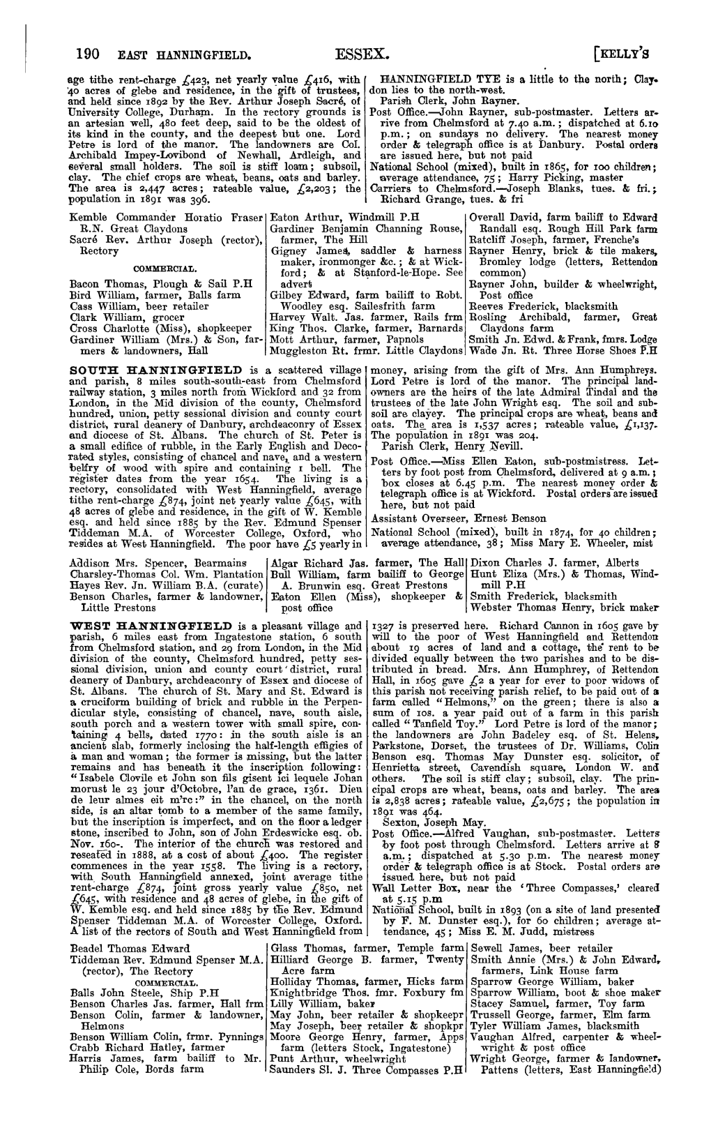 ESSEX. [KELLY's • E.Ge Tithe Rent-Charge .£423, Net Yearly ~Alue £4R6, with BANNINGFIELD TYE Is a Little to the North; Clay