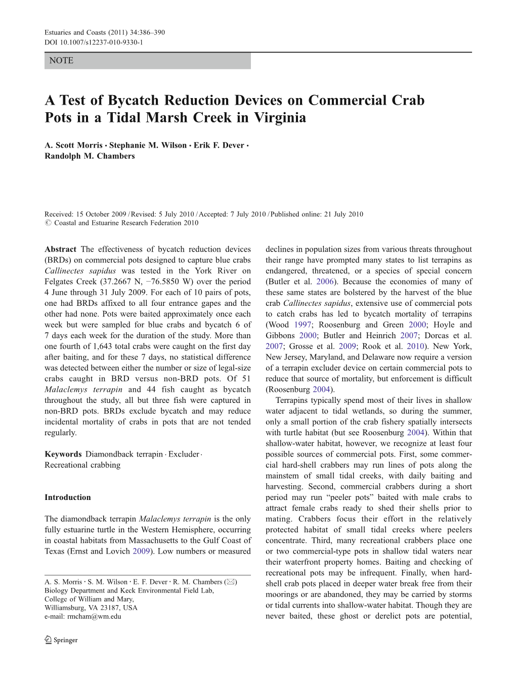 A Test of Bycatch Reduction Devices on Commercial Crab Pots in a Tidal Marsh Creek in Virginia