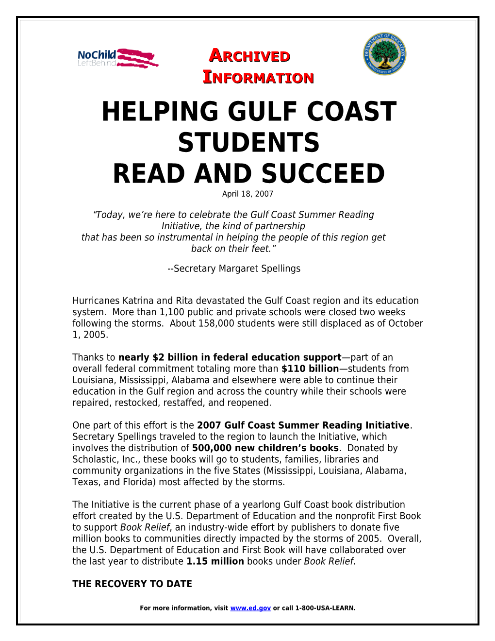 Archived: Helping Gulf Coast Students Read and Succeed April 2007 (Msword)