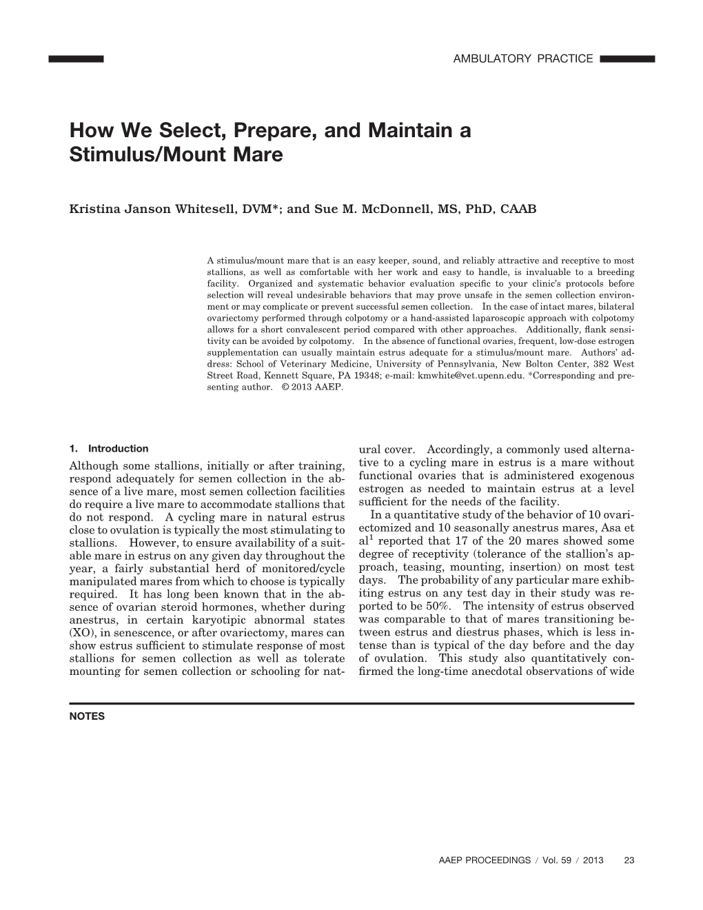 How We Select, Prepare, and Maintain a Stimulus/Mount Mare. 59Th