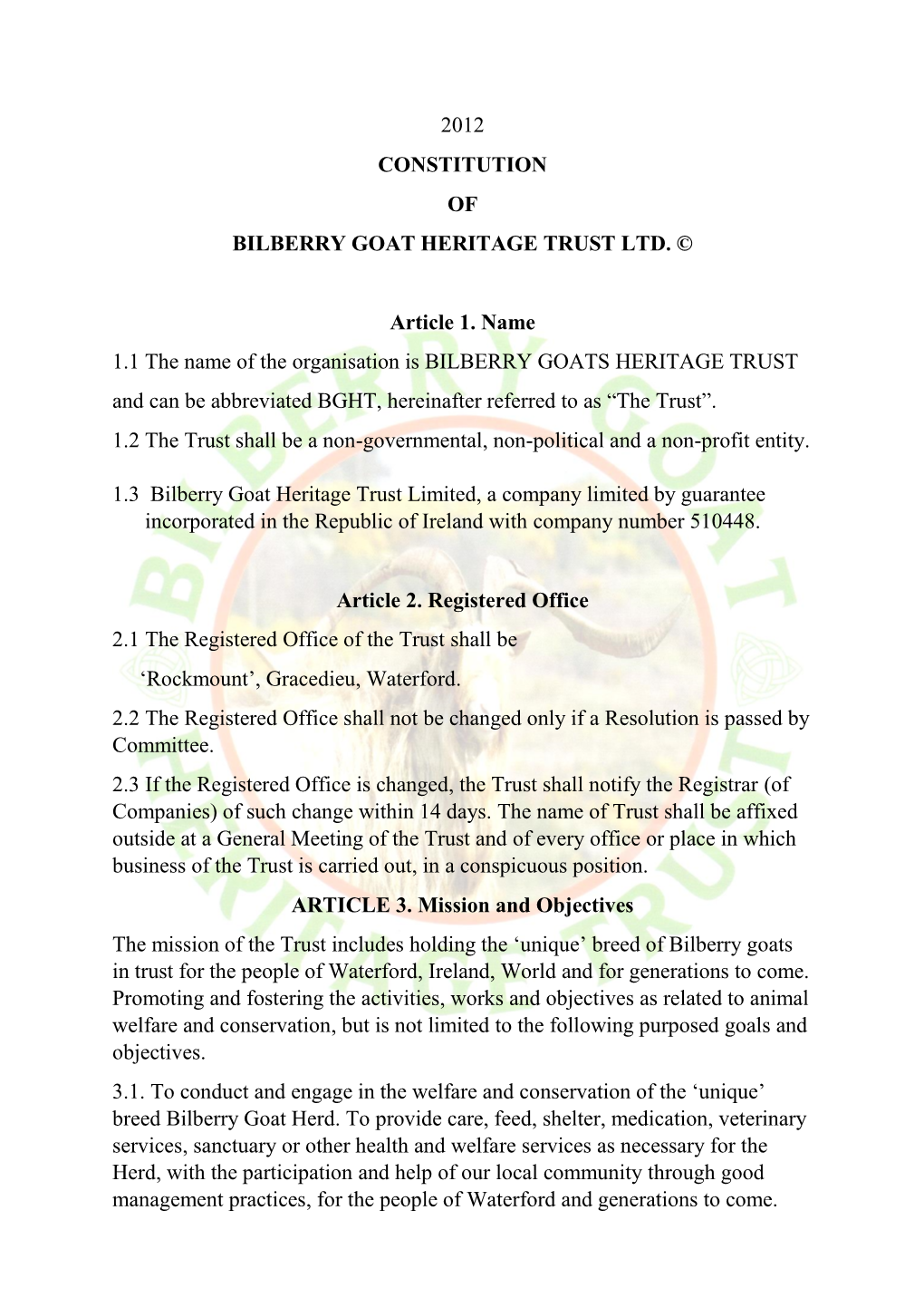 2012 Constitution of Bilberry Goat Heritage Trust Ltd