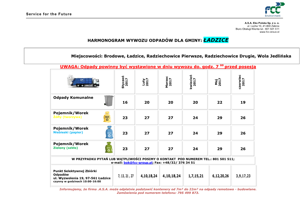 Harmonogram Odbioru Odpadów Z Gm. Ładzice Styczeń