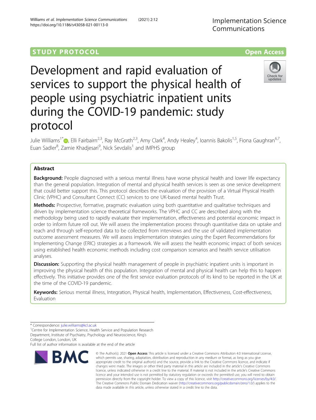 Development and Rapid Evaluation of Services to Support the Physical Health of People Using Psychiatric Inpatient Units During T