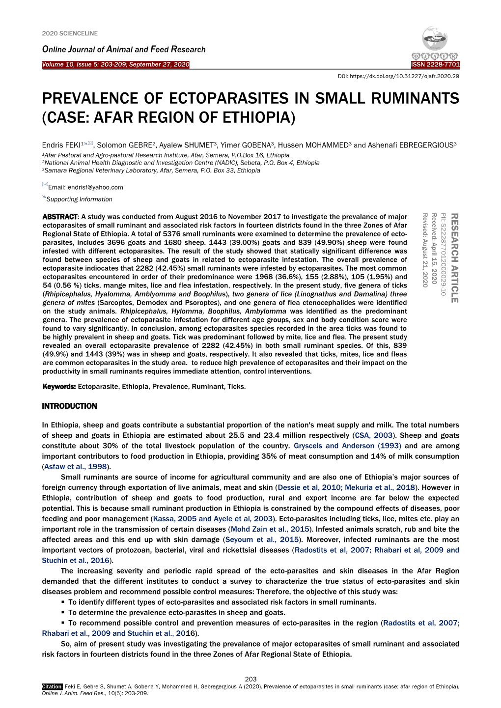 Prevalence of Ectoparasites in Small Ruminants (Case: Afar Region of Ethiopia)