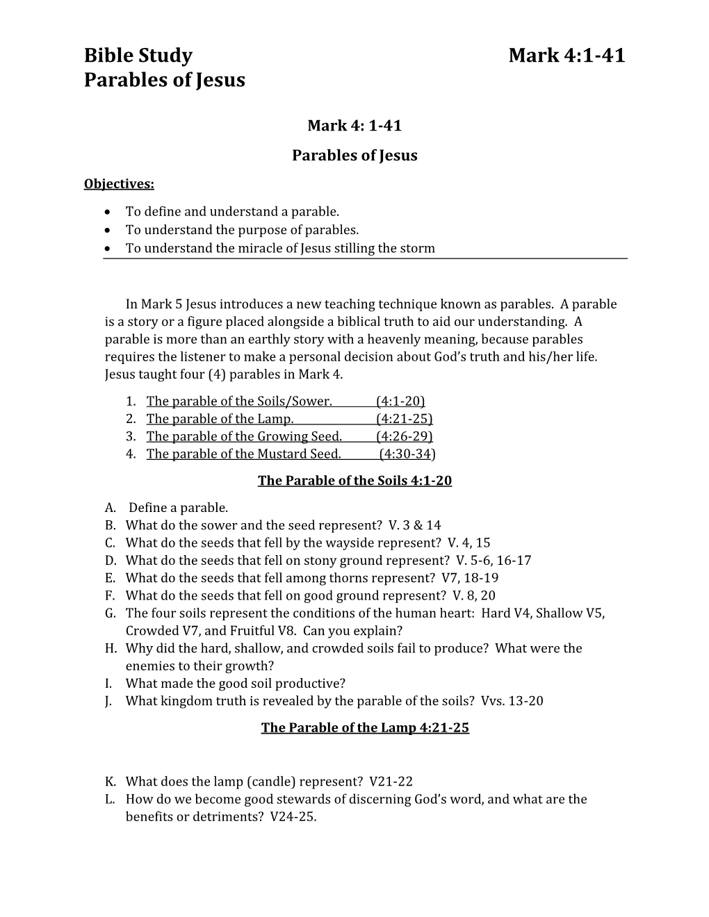 Bible Study Mark 4:1-41 Parables of Jesus