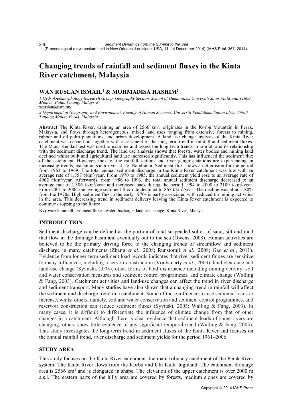 Changing Trends of Rainfall and Sediment Fluxes in the Kinta River Catchment, Malaysia