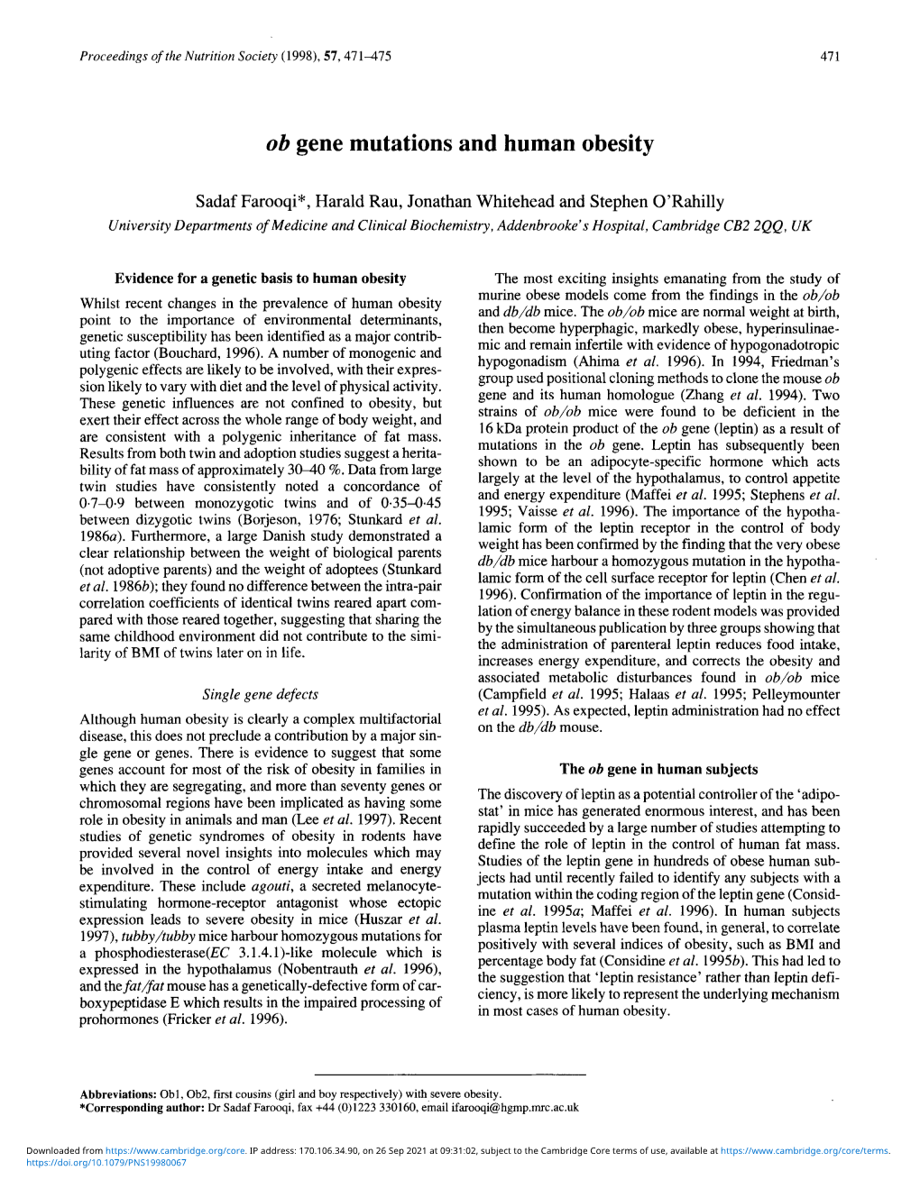 Ob Gene Mutations and Human Obesity