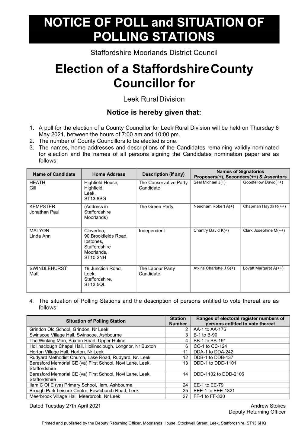 Notice of Poll and Polling Station Locations