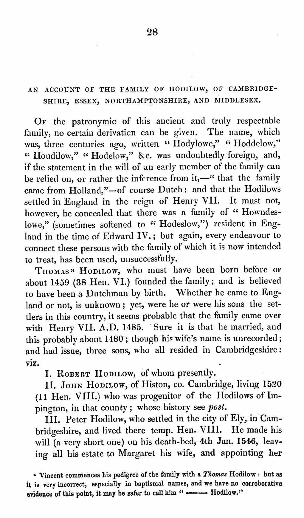 An Account of the Family of Hodilow, of Cambridge• Shire, Essex, Northamptonshire, and Middlesex