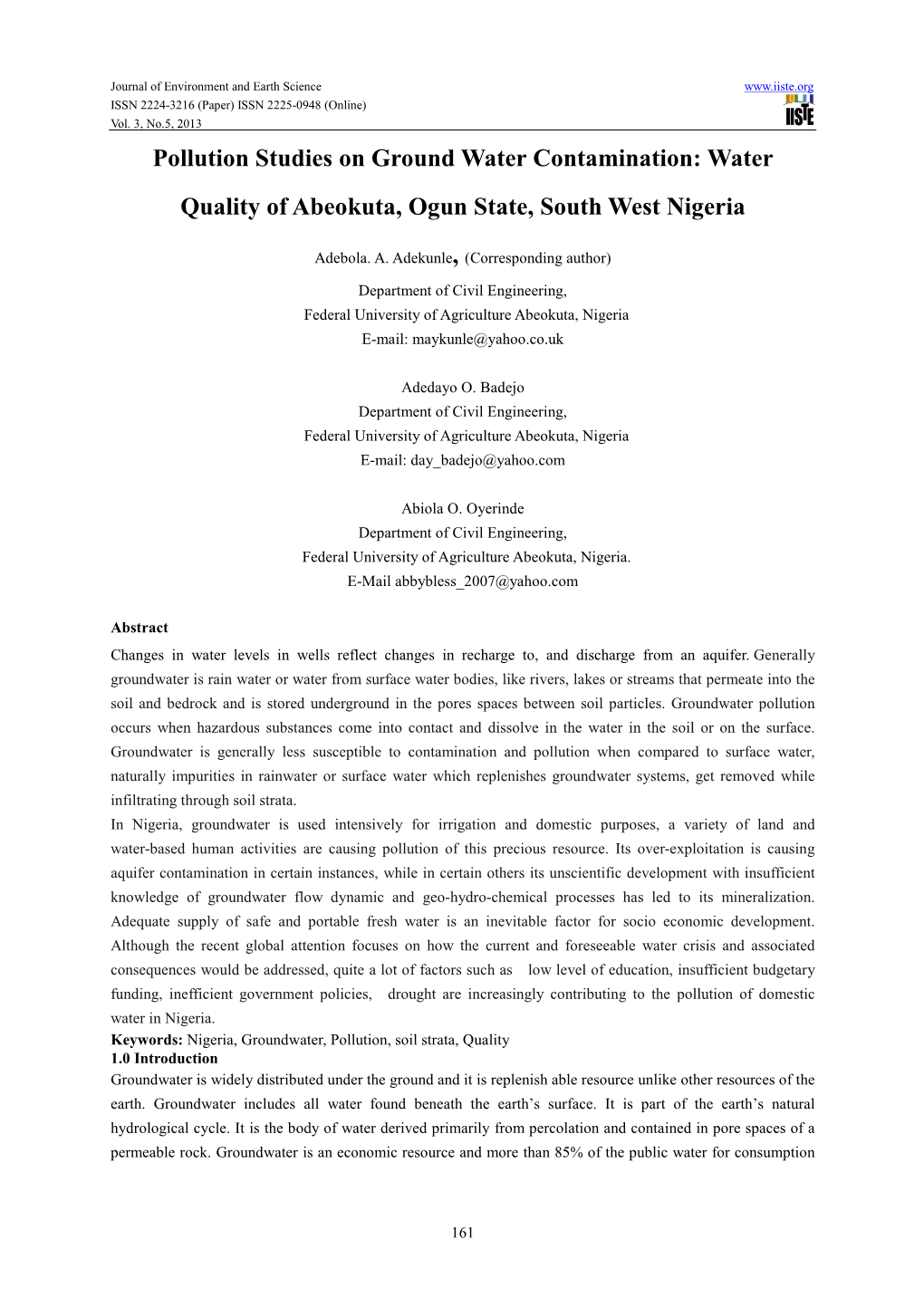 Water Quality of Abeokuta, Ogun State, South West Nigeria