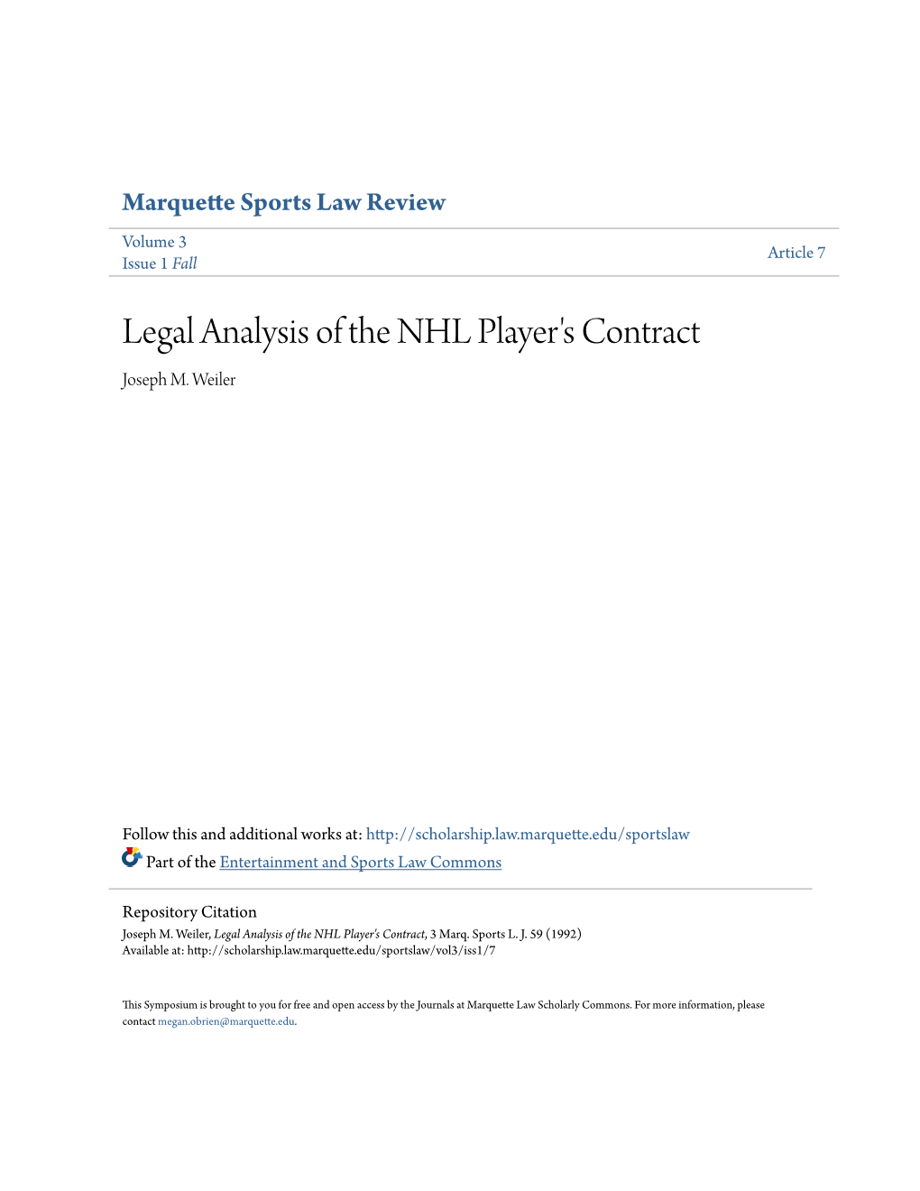 Legal Analysis of the NHL Player's Contract Joseph M