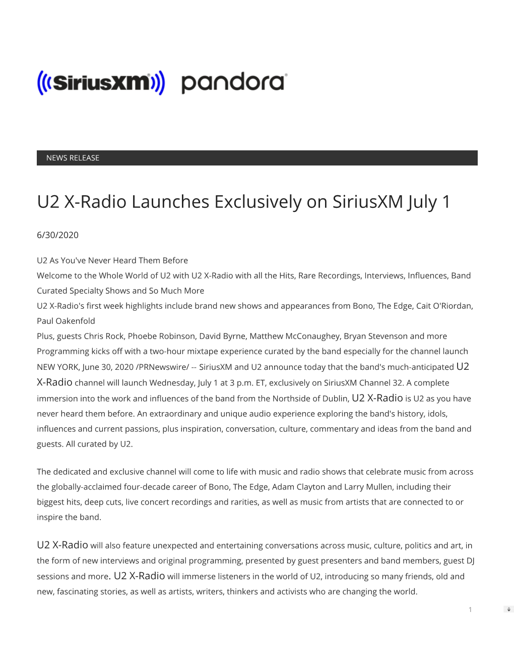 U2 X-Radio Launches Exclusively on Siriusxm July 1