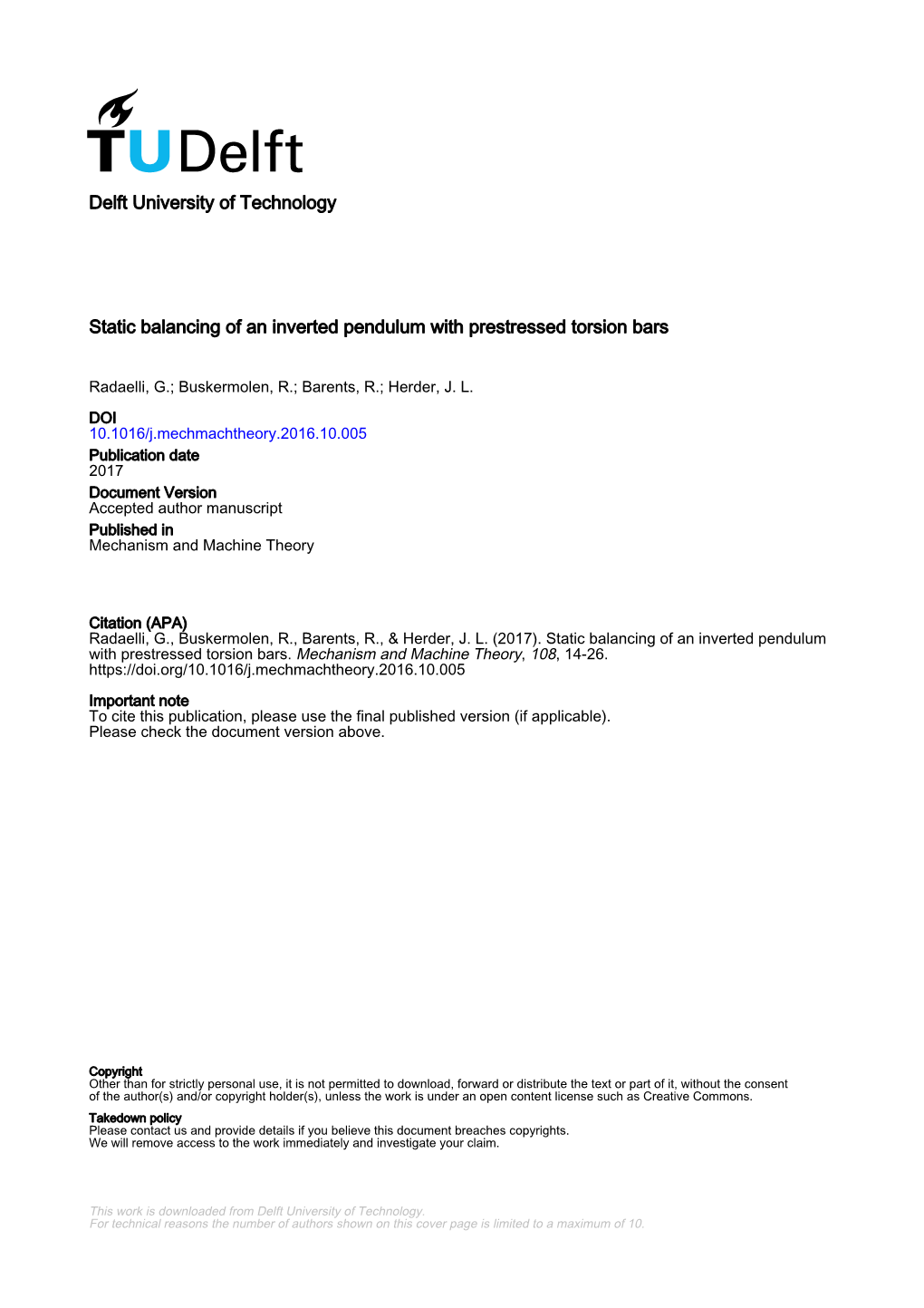 Static Balancing of an Inverted Pendulum with Prestressed Torsion Bars