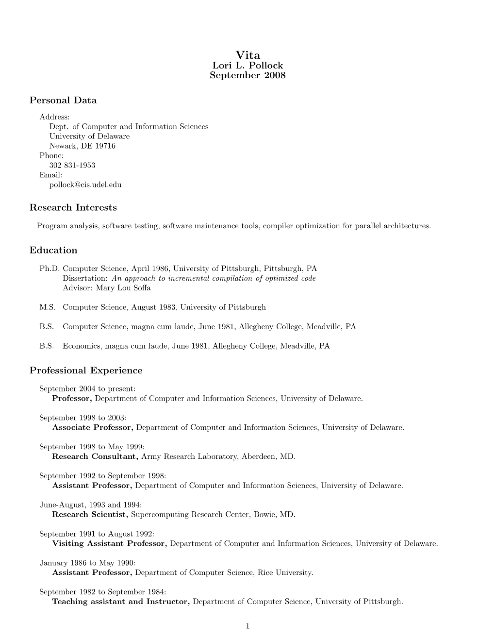 Lori L. Pollock September 2008 Personal Data Research Interests