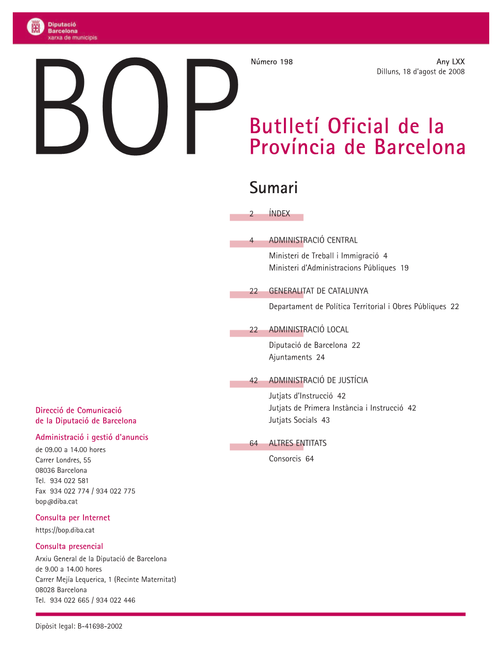 Butlletí Oficial De La Província De Barcelona 18 / 8 / 2008