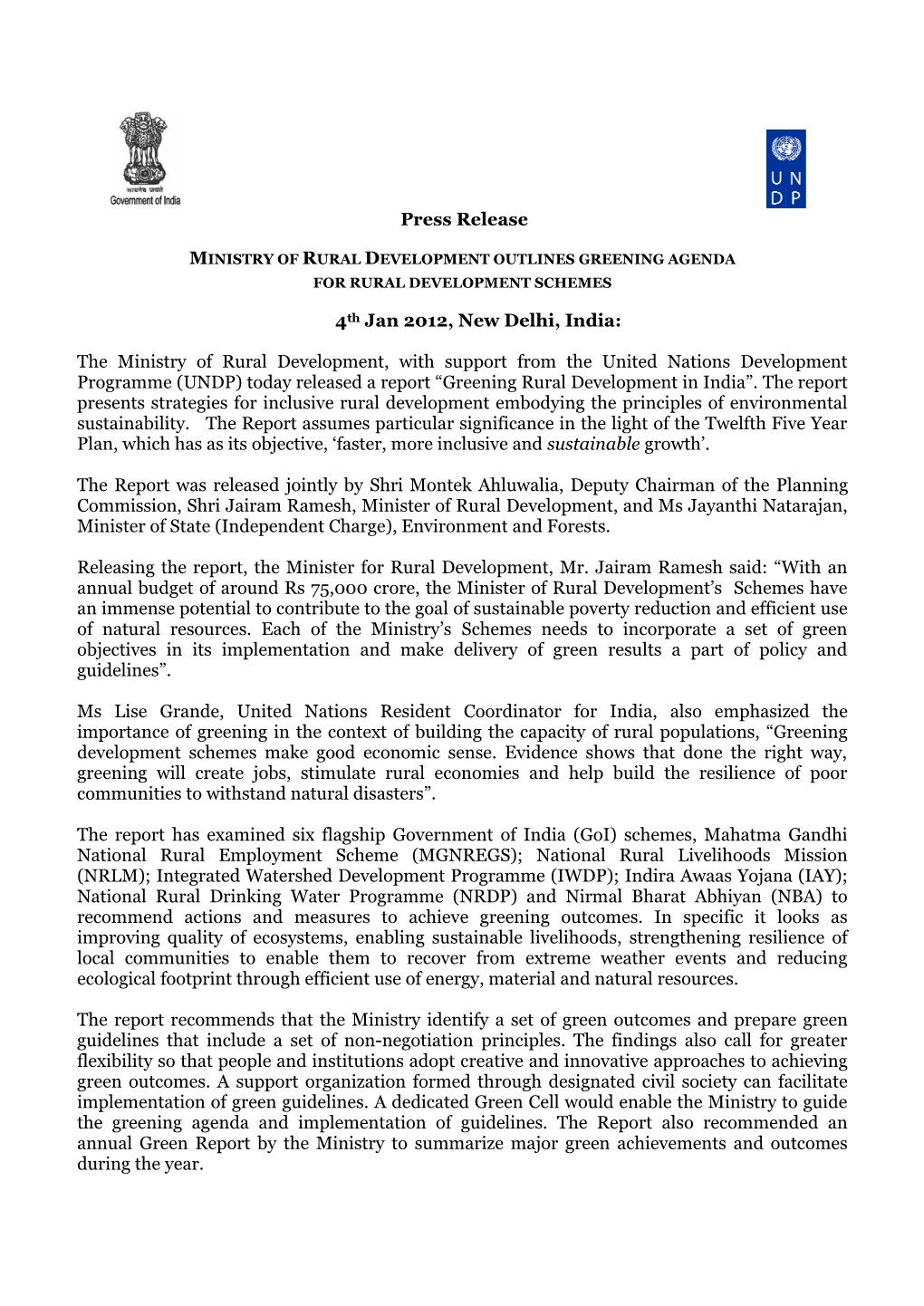 Press Release 4Th Jan 2012, New Delhi, India: the Ministry of Rural