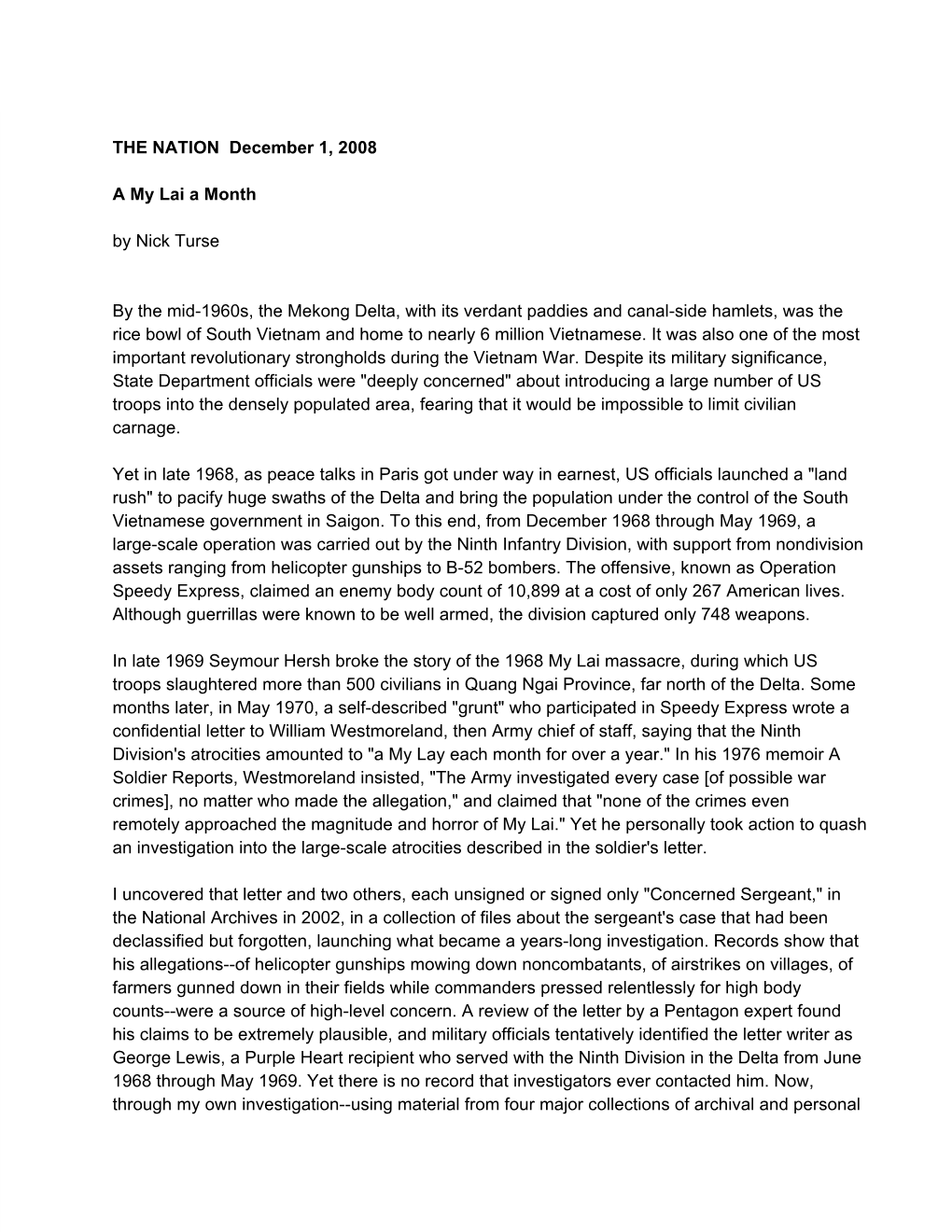 THE NATION December 1, 2008 a My Lai a Month by Nick Turse by the Mid1960s, the Mekong Delta, with Its