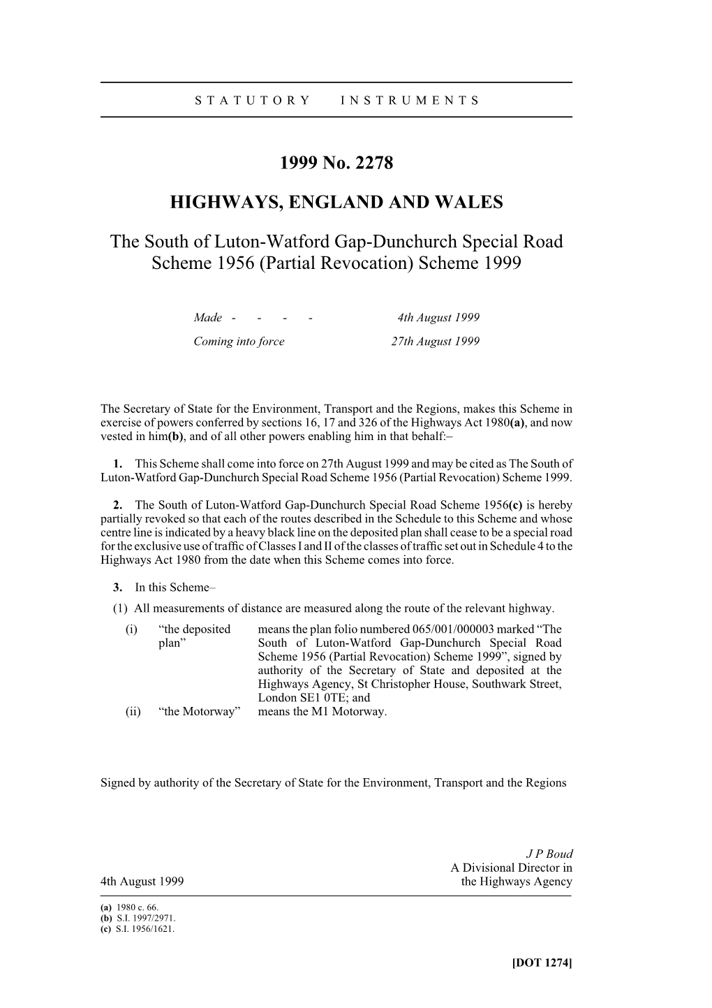 1999 No. 2278 HIGHWAYS, ENGLAND