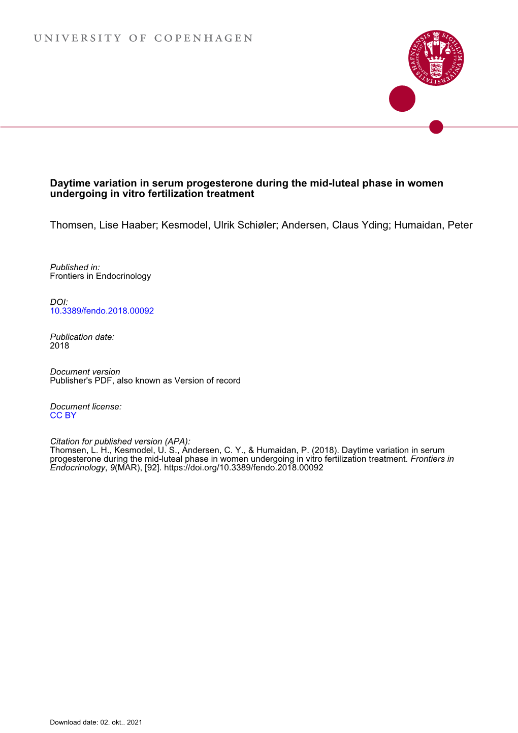 Daytime Variation in Serum Progesterone During the Mid-Luteal Phase in Women Undergoing in Vitro Fertilization Treatment