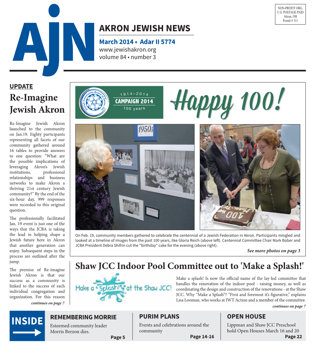Akron Jewish News March 2014 • Adar II 5774 a N Volume 84 • Number 3 Update J Ity Boa Un Rd O 9 1 4 – 2 0 1 4 M F 1