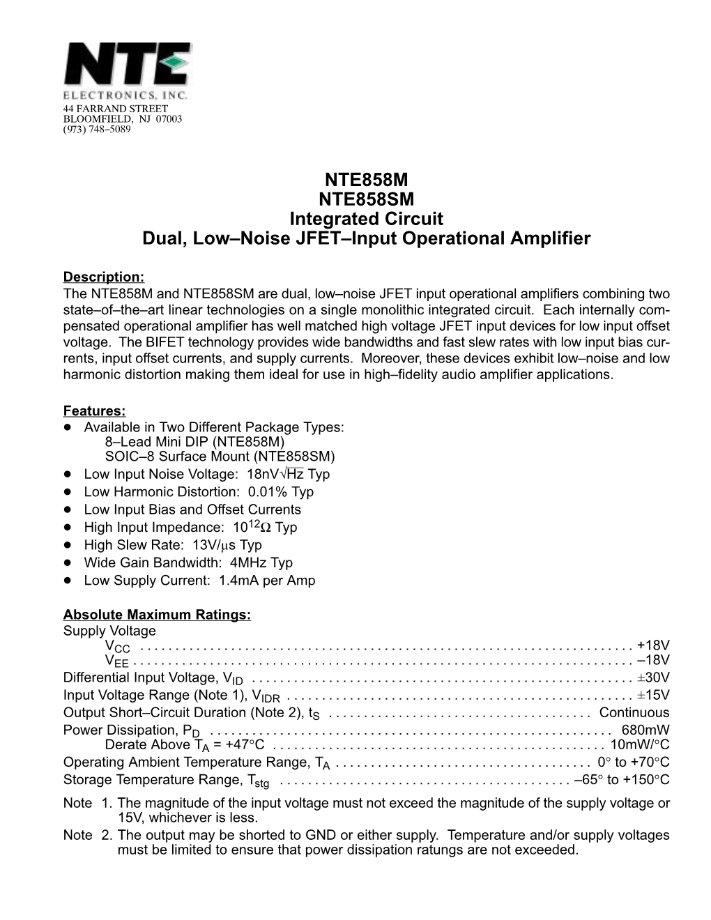 NTE858M NTE858SM Integrated Circuit Dual, Low–Noise JFET–Input Operational Amplifier