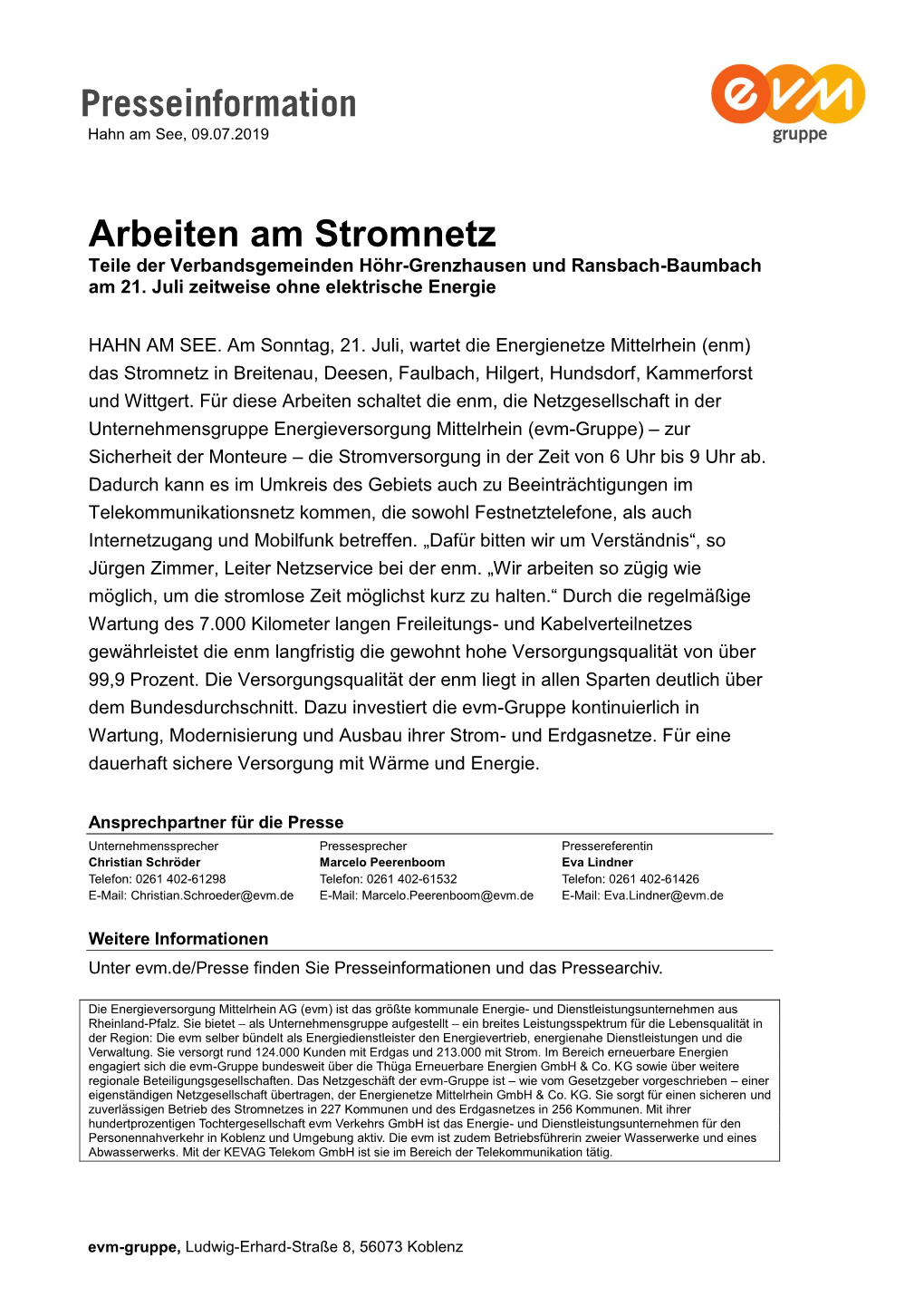 Arbeiten Am Stromnetz Teile Der Verbandsgemeinden Höhr-Grenzhausen Und Ransbach-Baumbach Am 21