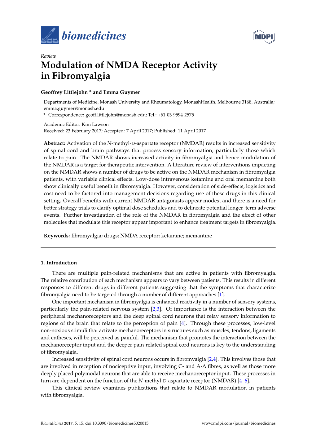 Modulation of NMDA Receptor Activity in Fibromyalgia