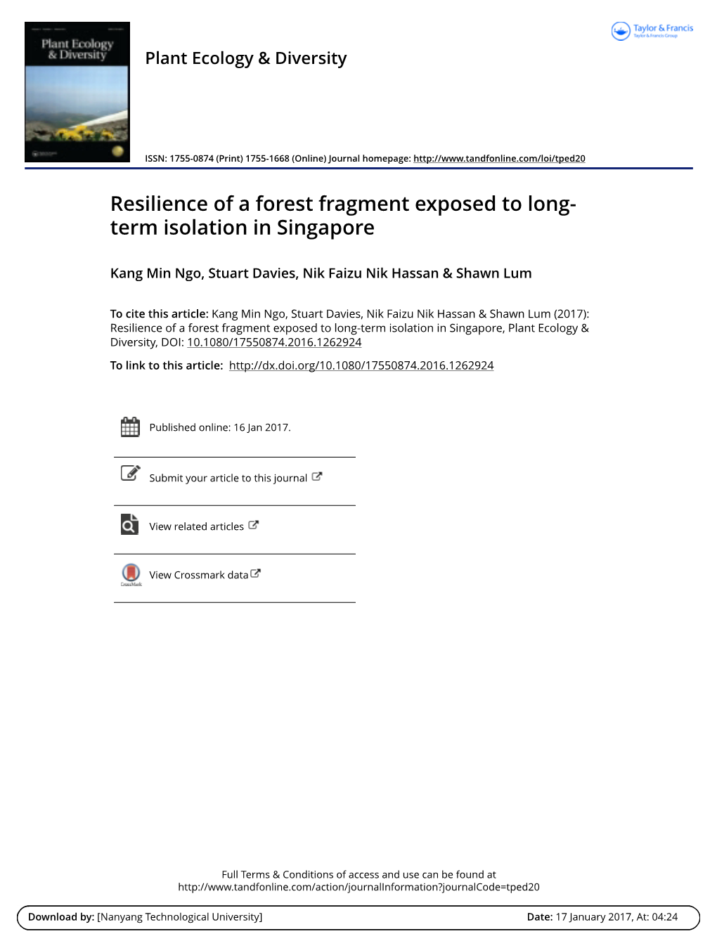 Resilience of a Forest Fragment Exposed to Long-Term Isolation in Singapore, Plant Ecology & Diversity, DOI: 10.1080/17550874.2016.1262924