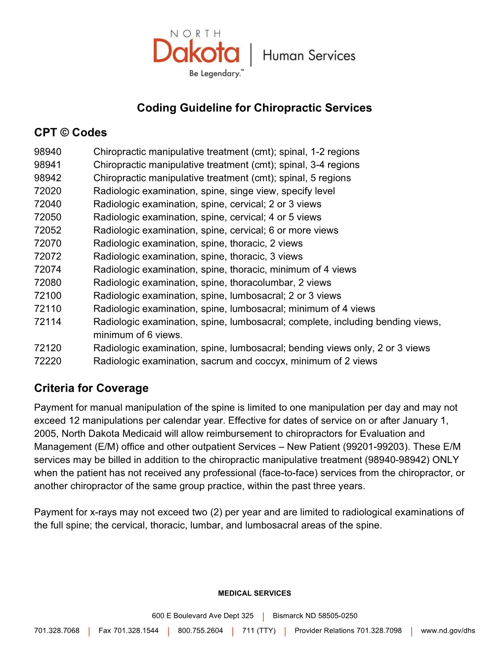 Coding Guideline for Chiropractic Services CPT © Codes Criteria For
