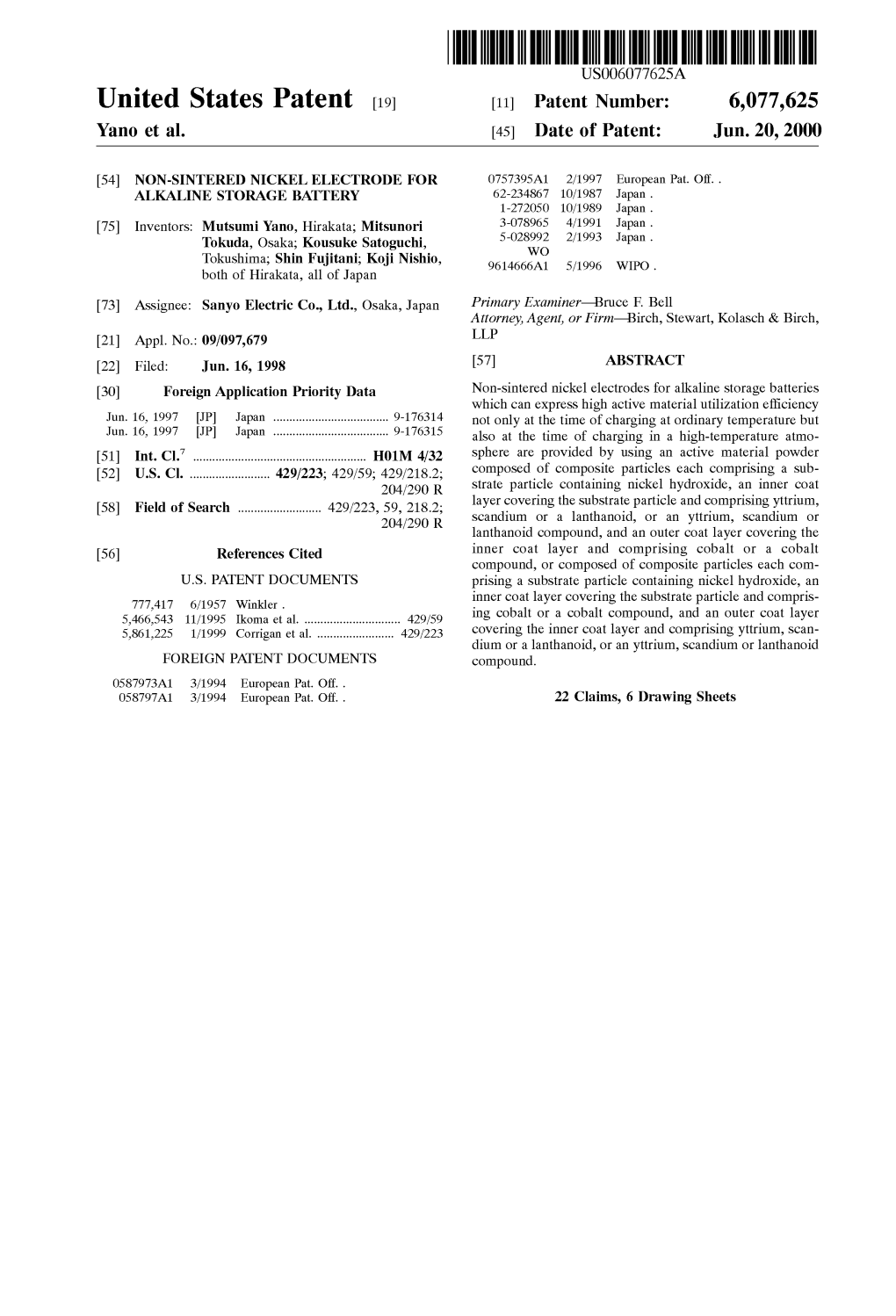 United States Patent (19) 11 Patent Number: 6,077,625 Yano Et Al