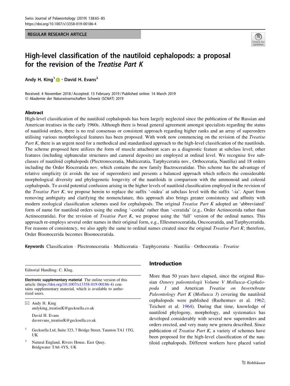 High-Level Classification of the Nautiloid Cephalopods: a Proposal for the Revision of the Treatise Part K