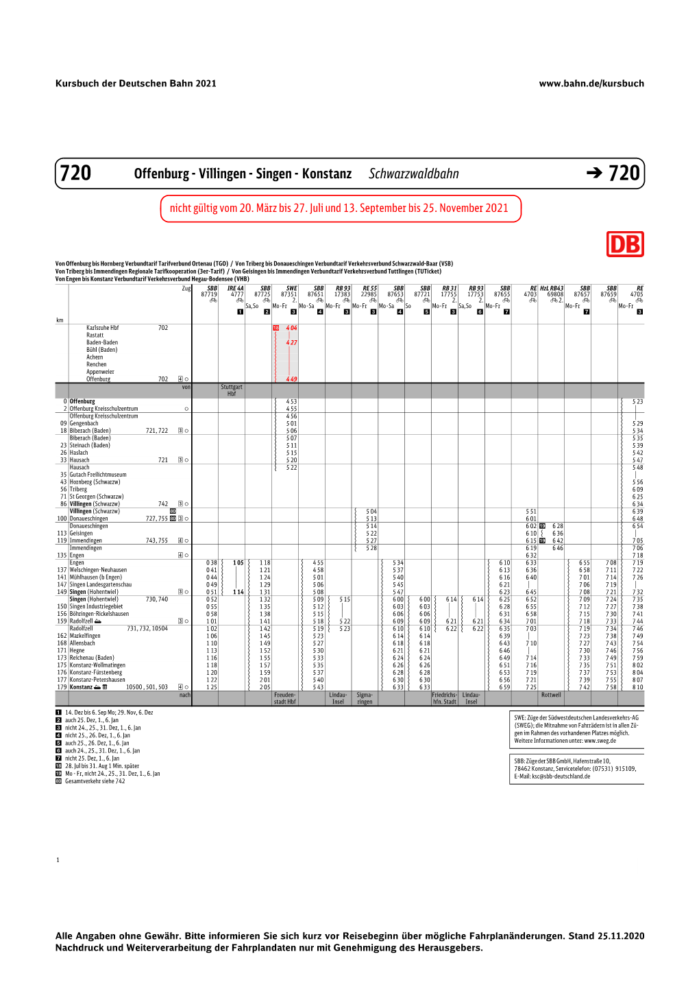 Offenburg - Villingen - Singen - Konstanz Schwarzwaldbahn � 720