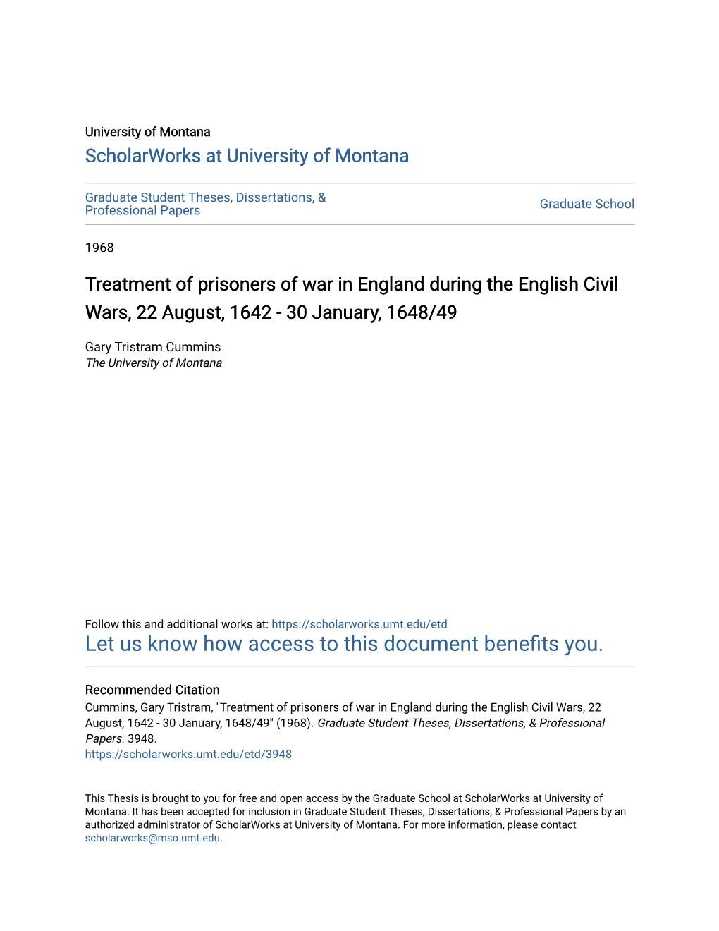 Treatment of Prisoners of War in England During the English Civil Wars, 22 August, 1642 - 30 January, 1648/49