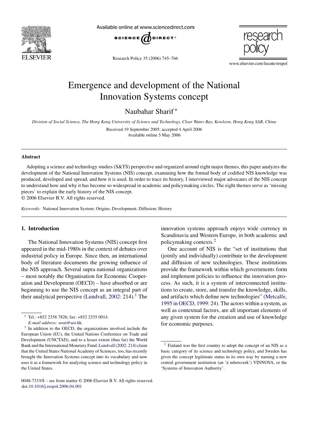 Emergence and Development of the National Innovation Systems Concept