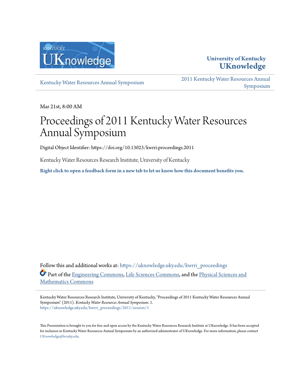 Proceedings of 2011 Kentucky Water Resources Annual Symposium Digital Object Identifier