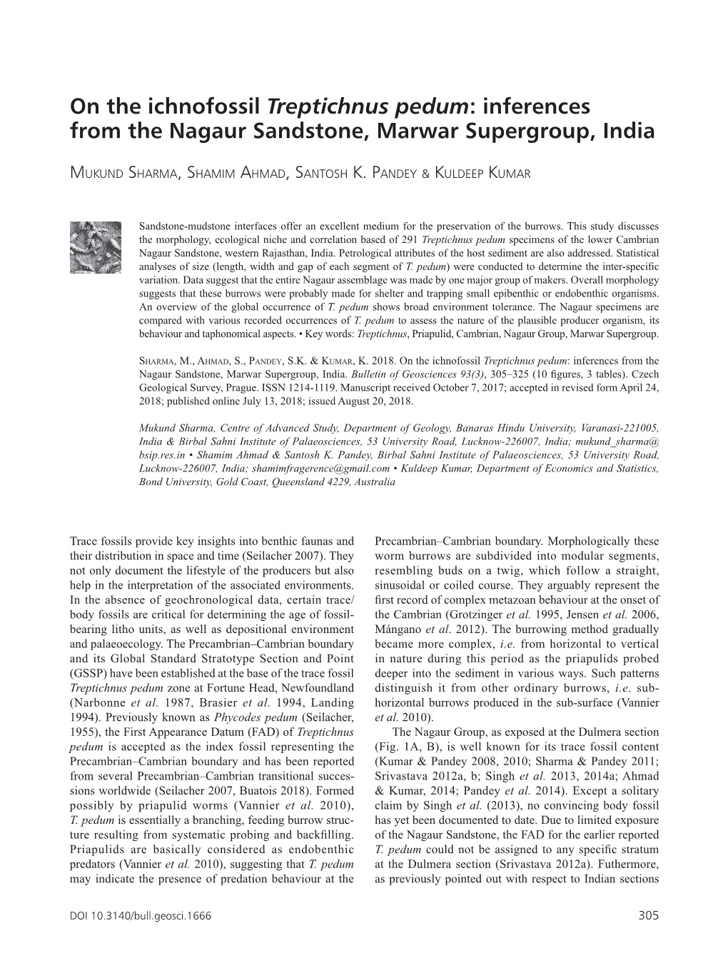 On the Ichnofossil Treptichnus Pedum: Inferences from the Nagaur Sandstone, Marwar Supergroup, India