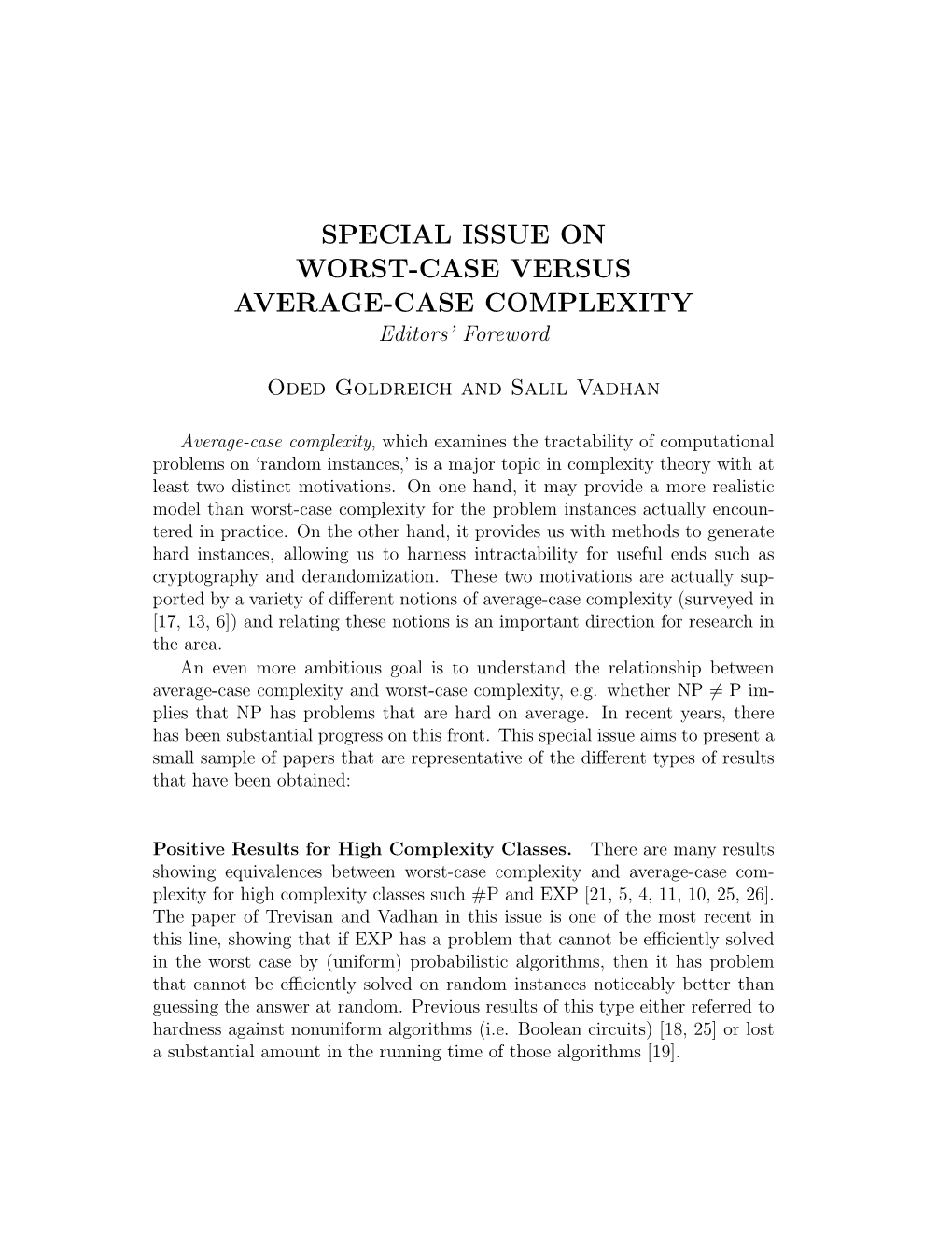 SPECIAL ISSUE on WORST-CASE VERSUS AVERAGE-CASE COMPLEXITY Editors’ Foreword