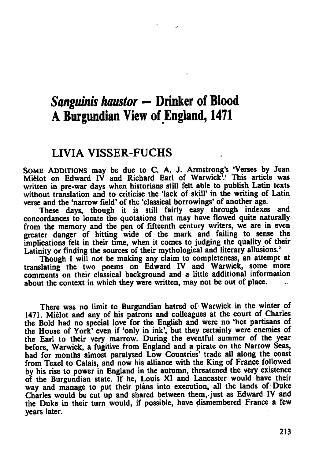 Sanguinis Haustor - Drinker of Blood a Burgundian View of England,1471