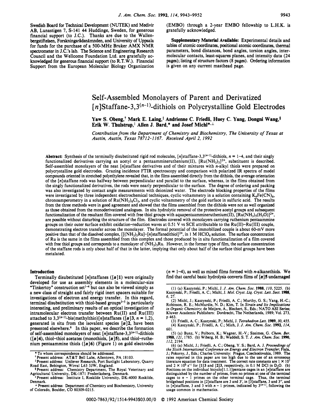 Self-Assembled Monolayers of Parent and Derivatized [N]Staffane-3,3