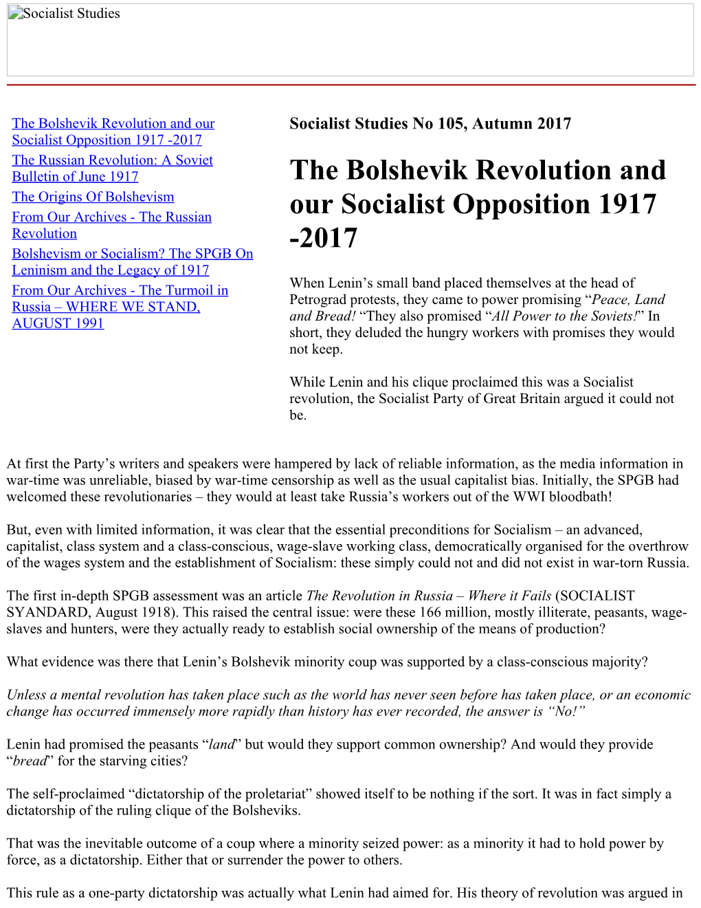 The Bolshevik Revolution and Our Socialist Opposition 1917 2017