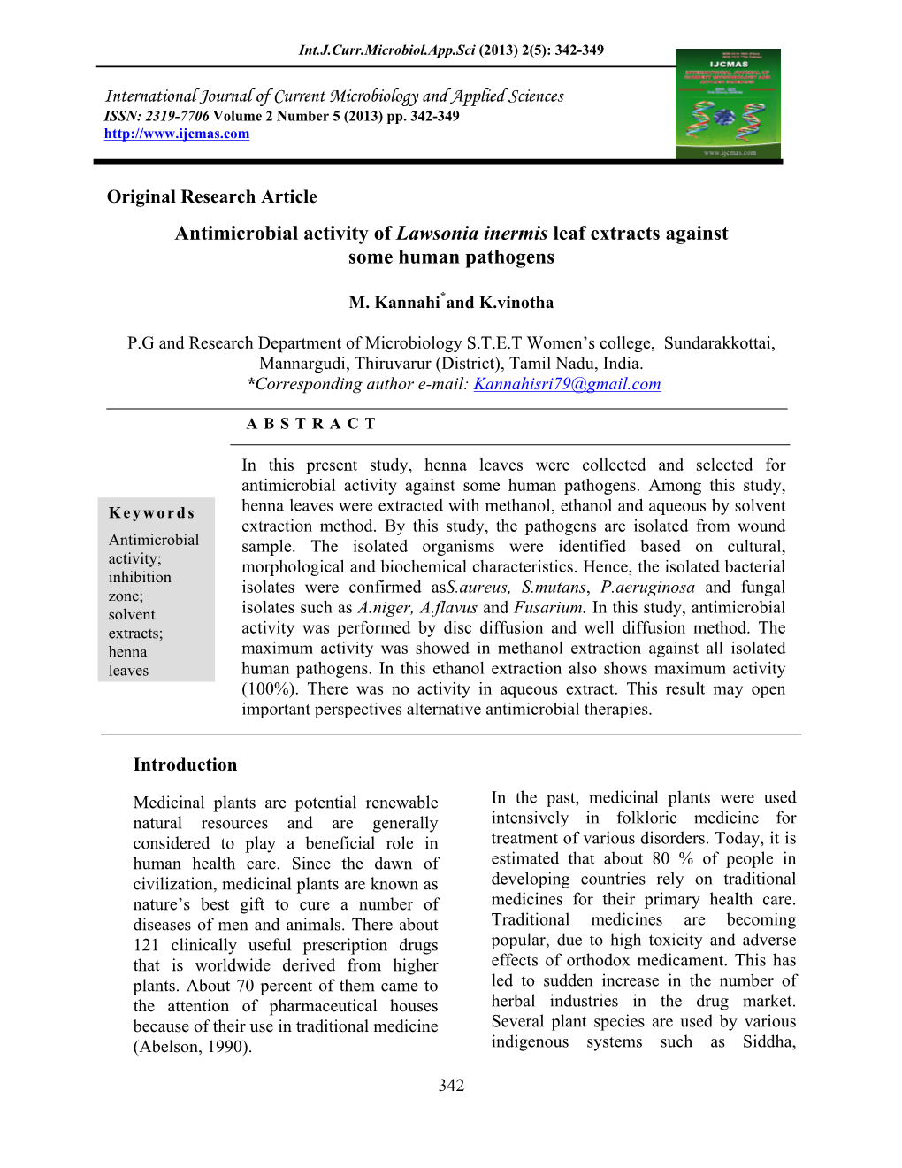 Antimicrobial Activity of Lawsonia Inermis Leaf Extracts Against Some Human Pathogens