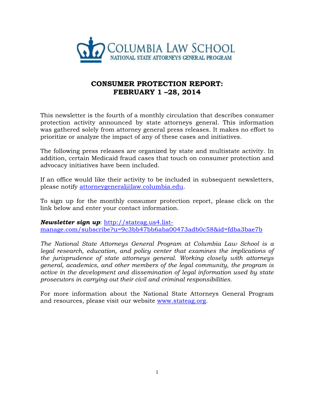 Consumer Protection Report: February 1 –28, 2014