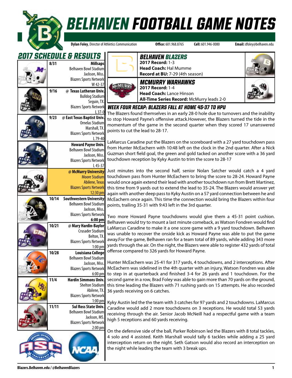 BELHAVEN FOOTBALL Game NOTES