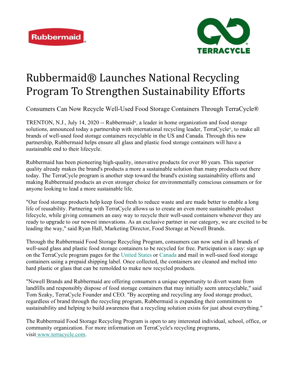 Rubbermaid® Launches National Recycling Program to Strengthen Sustainability Efforts