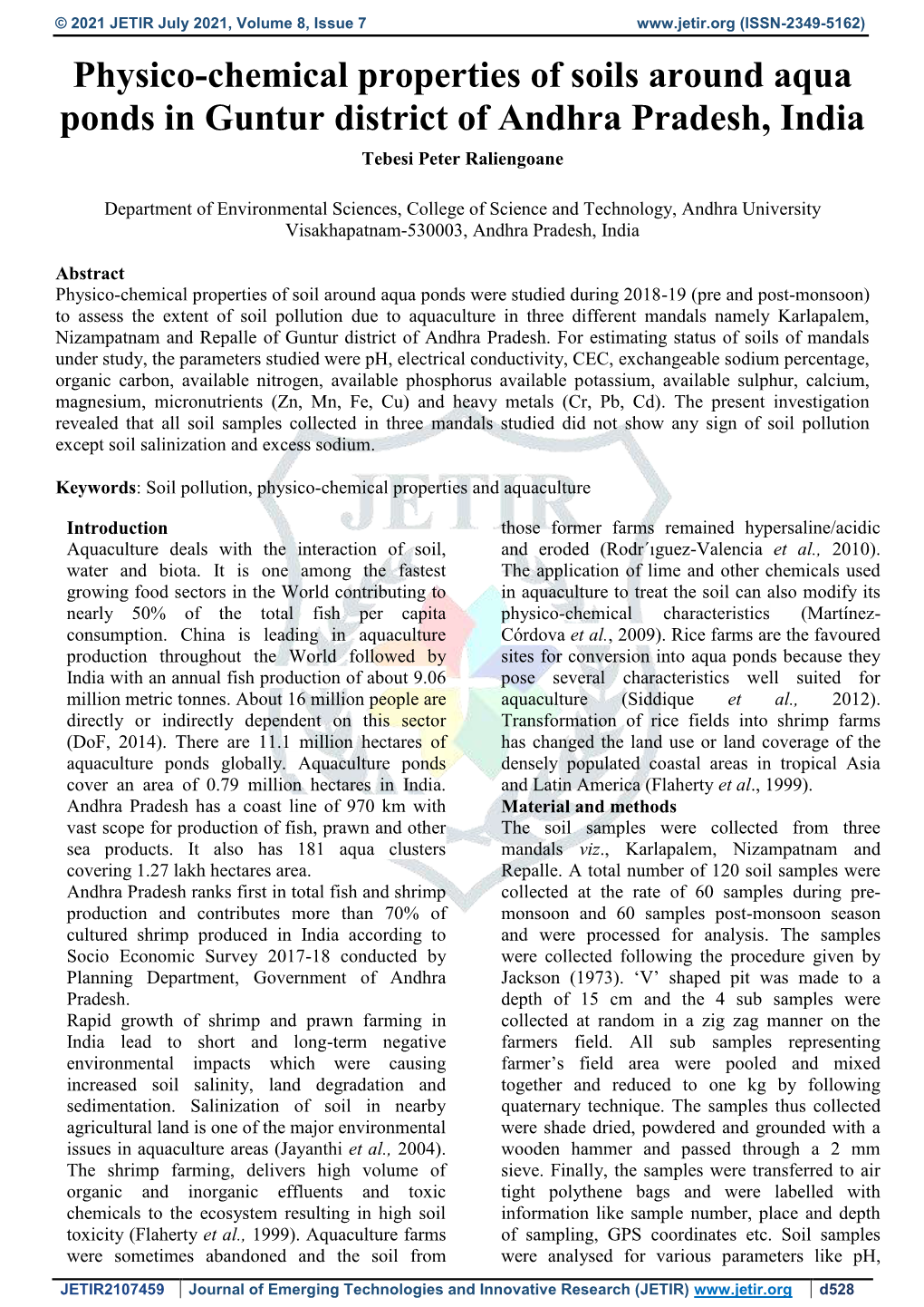 Physico-Chemical Properties of Soils Around Aqua Ponds in Guntur District of Andhra Pradesh, India Tebesi Peter Raliengoane