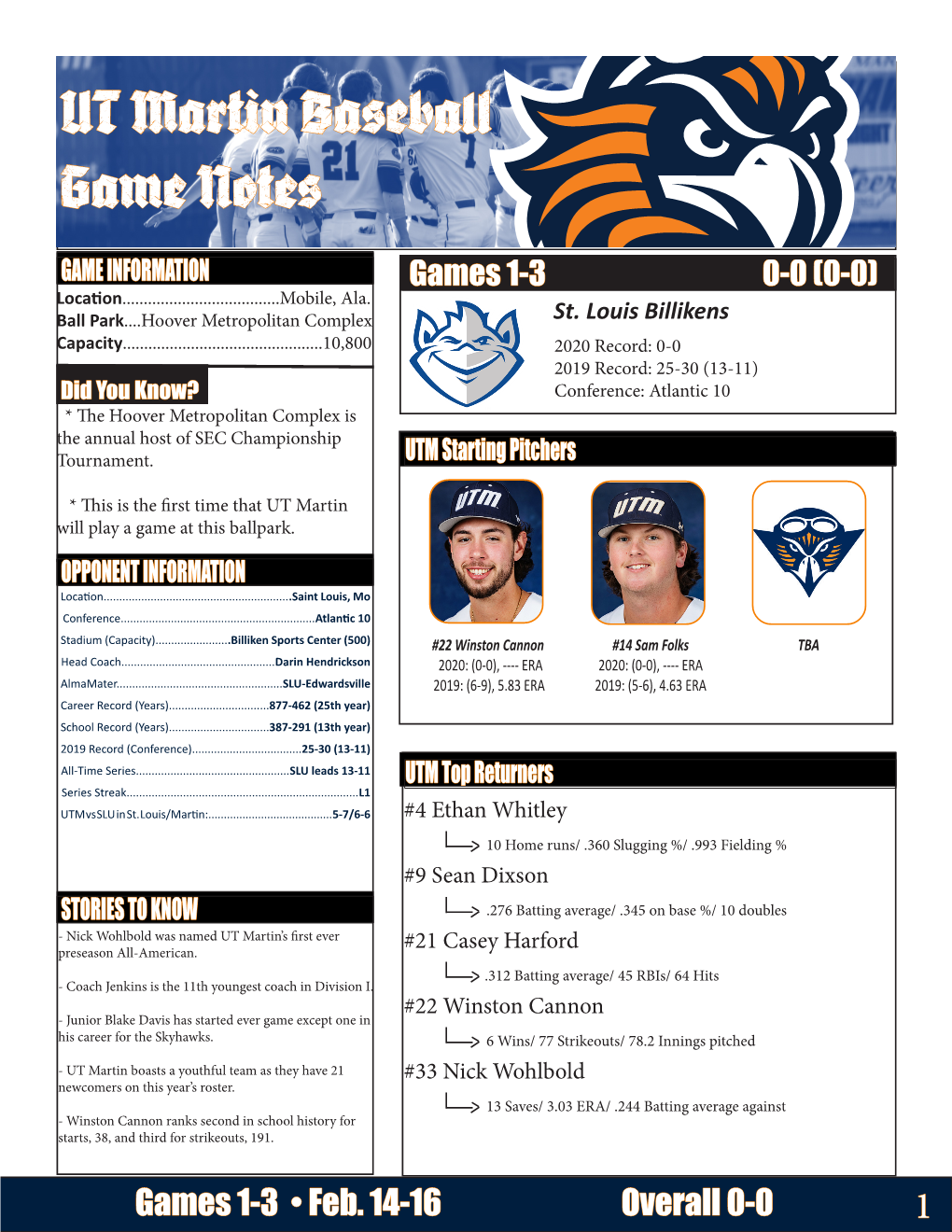 UT Martin Baseball Game Notes