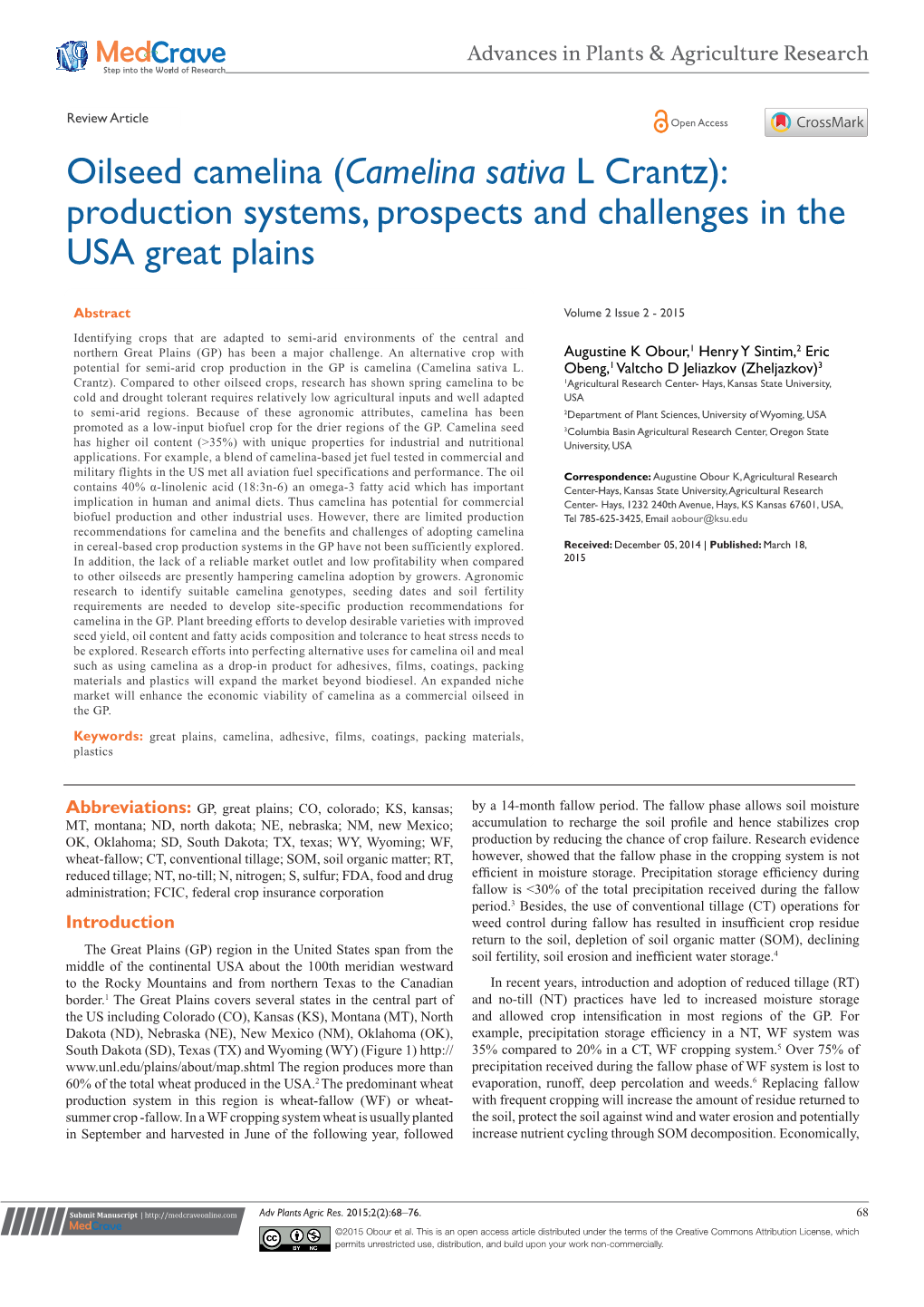 Camelina Sativa L Crantz): Production Systems, Prospects and Challenges in the USA Great Plains