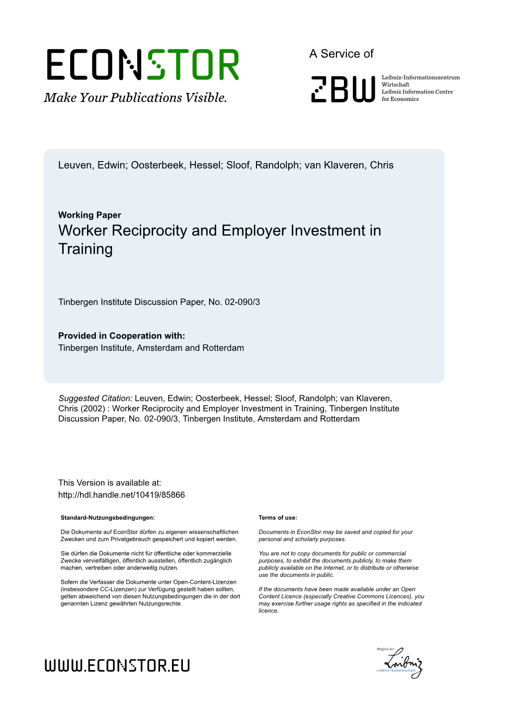 Worker Reciprocity and Employer Investment in Training