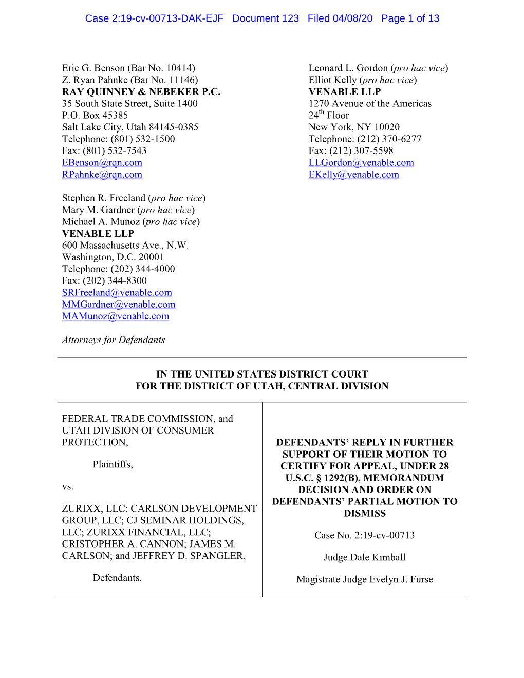 2020-04-08No123 Defendants' Reply in Support of Motion To