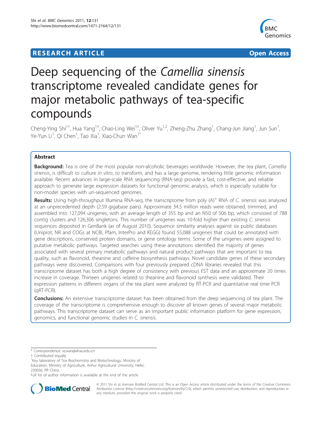 Deep Sequencing of the Camellia Sinensis Transcriptome Revealed